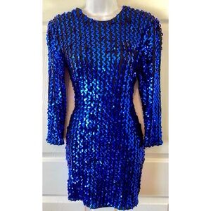 90s Karen Okada Climax Blue Sequin Stretch Lace Long Sleeve Mini Dress~5/6